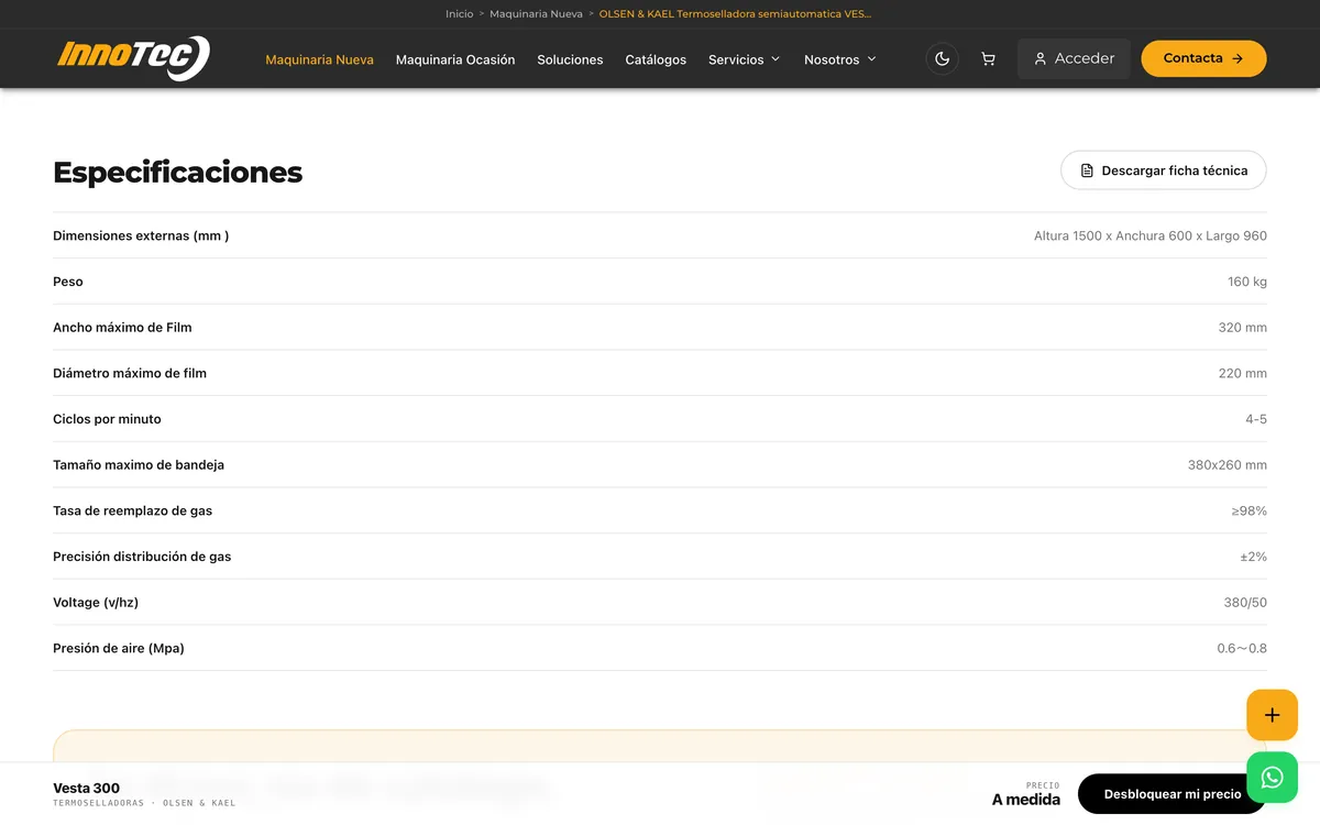 Tabla de especificaciones y descarga de ficha técnica